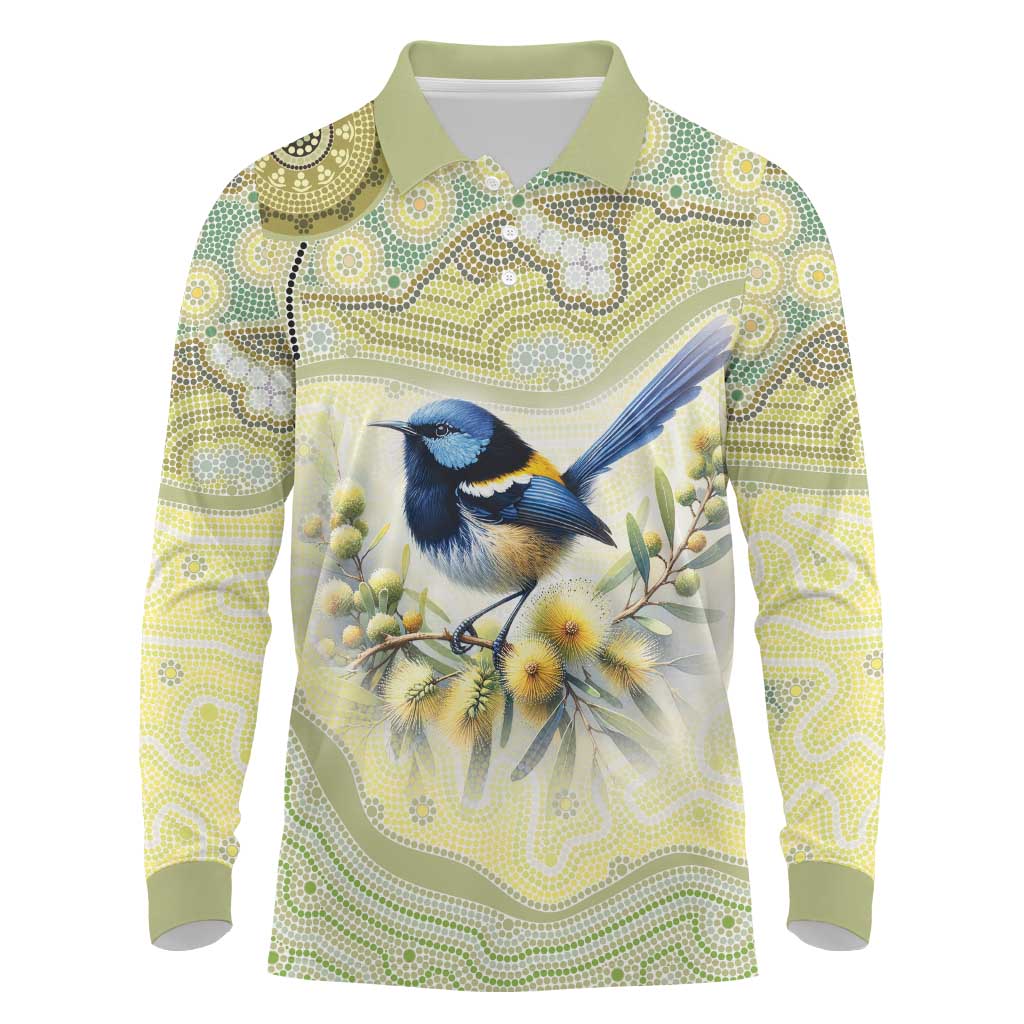 Splendid Fairy-wren Personalised Long Sleeve Polo Shirt Aboriginal Australian Dot Painting - Aussie Hoodie