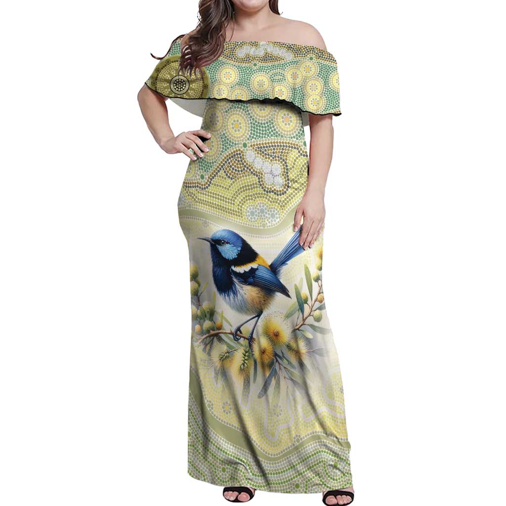 Splendid Fairy-wren Personalised Off Shoulder Maxi Dress Aboriginal Australian Dot Painting - Aussie Hoodie