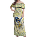 Splendid Fairy-wren Personalised Off Shoulder Maxi Dress Aboriginal Australian Dot Painting - Aussie Hoodie