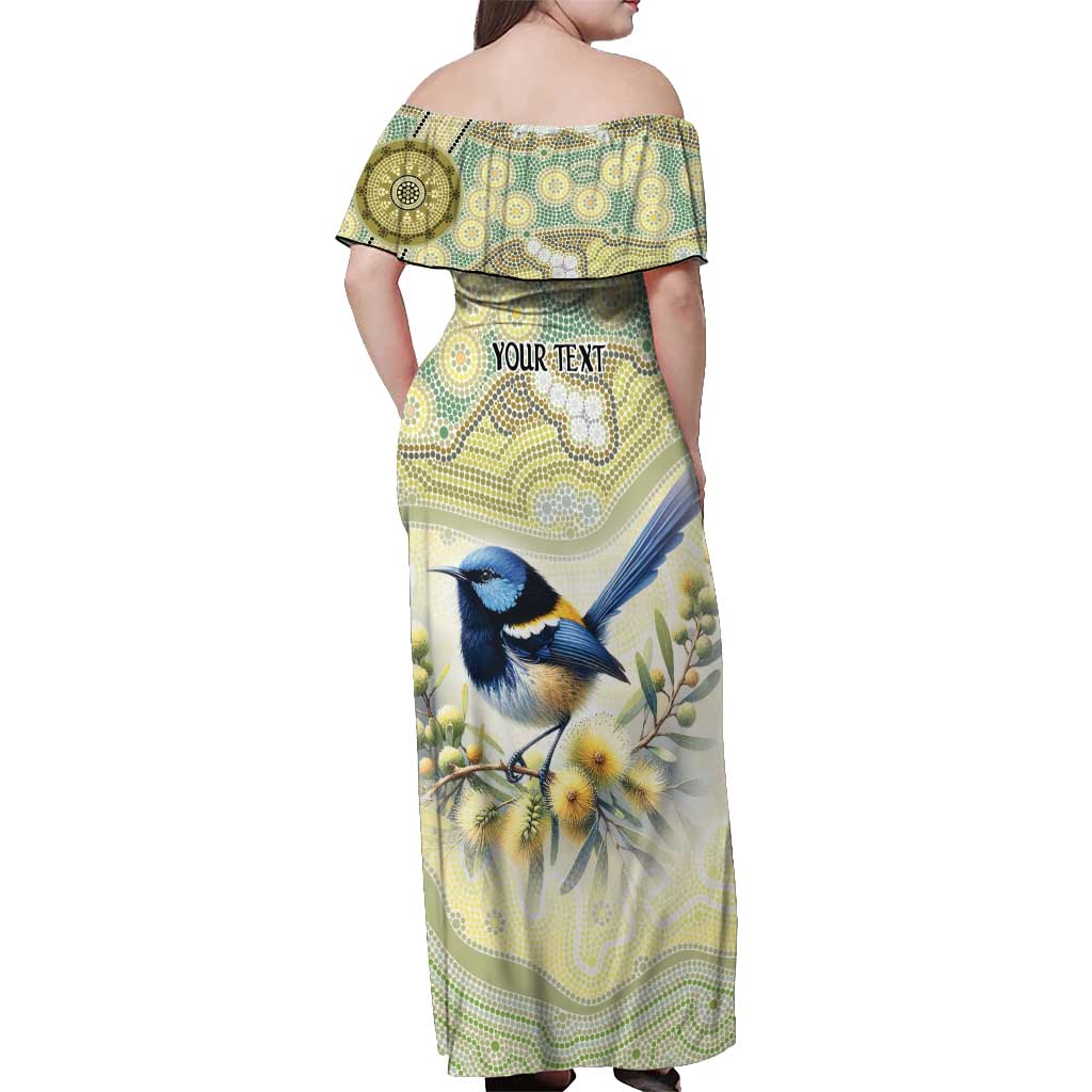 Splendid Fairy-wren Personalised Off Shoulder Maxi Dress Aboriginal Australian Dot Painting - Aussie Hoodie