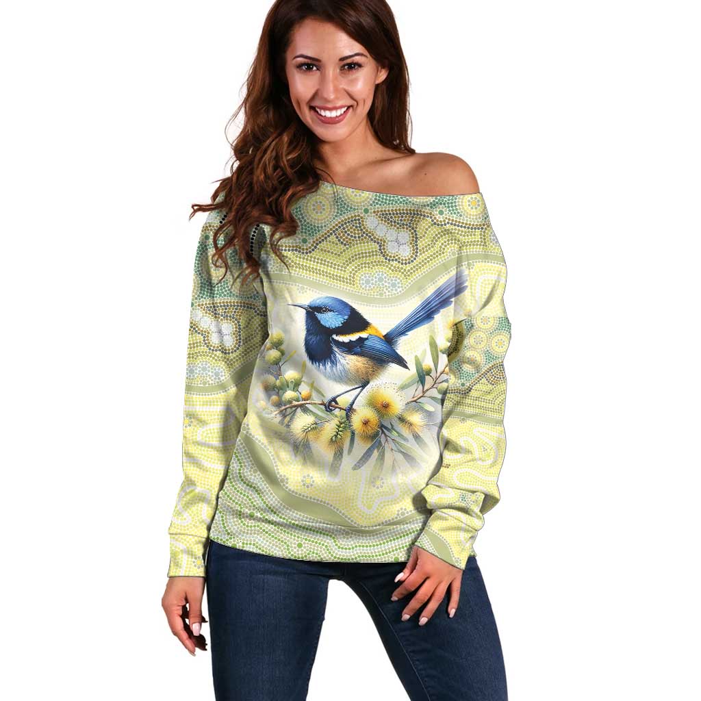 Splendid Fairy-wren Personalised Off Shoulder Sweater Aboriginal Australian Dot Painting - Aussie Hoodie