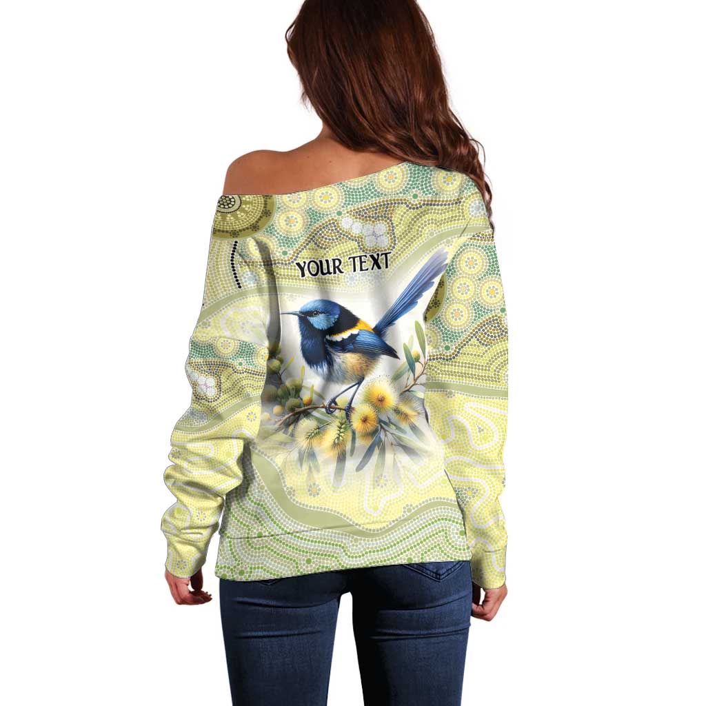 Splendid Fairy-wren Personalised Off Shoulder Sweater Aboriginal Australian Dot Painting - Aussie Hoodie