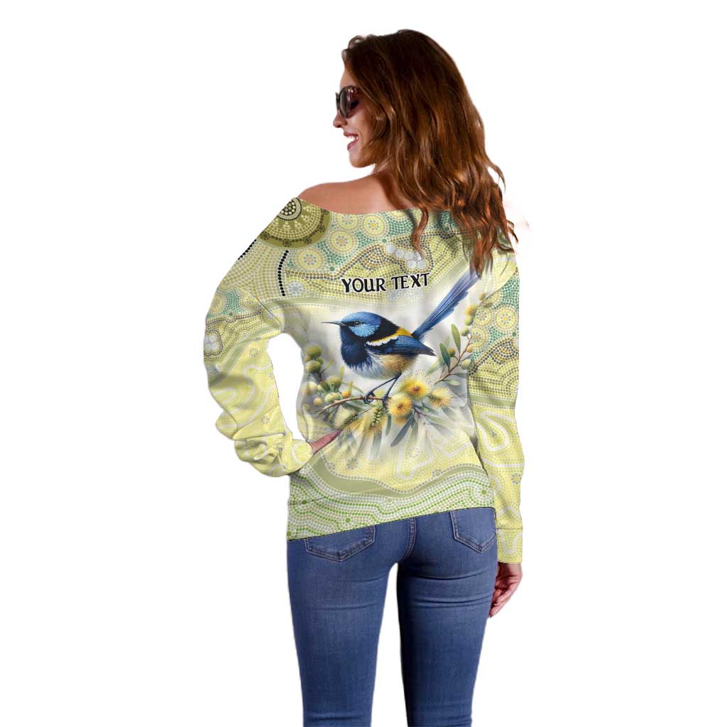Splendid Fairy-wren Personalised Off Shoulder Sweater Aboriginal Australian Dot Painting - Aussie Hoodie