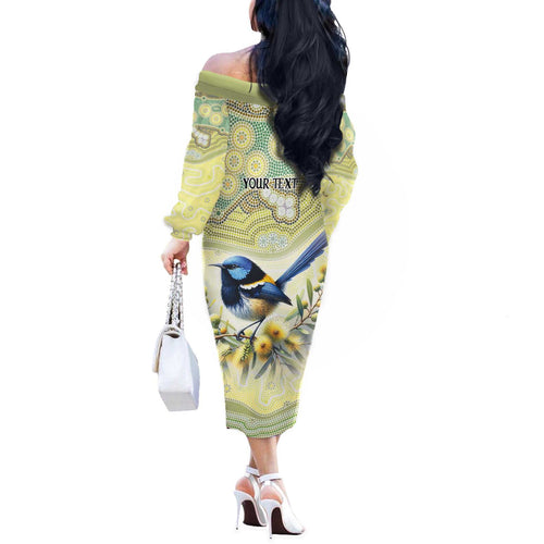 Splendid Fairy-wren Personalised Off The Shoulder Long Sleeve Dress Aboriginal Australian Dot Painting - Aussie Hoodie