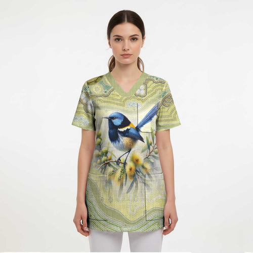 Splendid Fairy-wren Personalised Scrub Top Aboriginal Australian Dot Painting - Aussie Hoodie