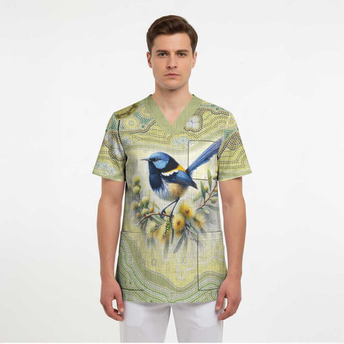 Splendid Fairy-wren Personalised Scrub Top Aboriginal Australian Dot Painting - Aussie Hoodie