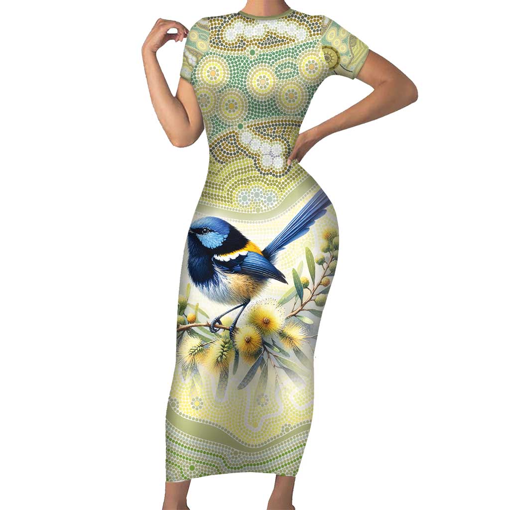 Splendid Fairy-wren Personalised Short Sleeve Bodycon Dress Aboriginal Australian Dot Painting - Aussie Hoodie