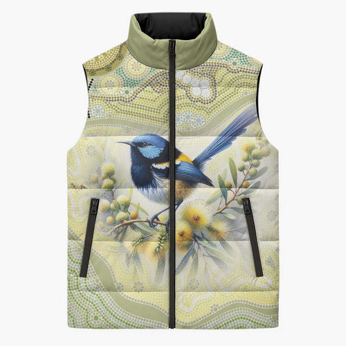 Splendid Fairy-wren Personalised Sleeveless Puffer Jacket Aboriginal Australian Dot Painting - Aussie Hoodie