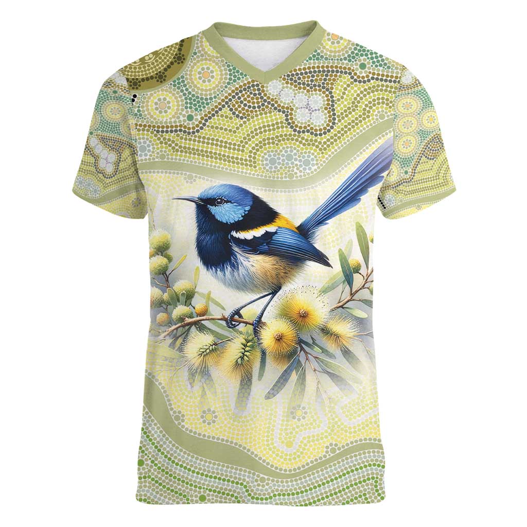Splendid Fairy-wren Personalised Women V-Neck T-Shirt Aboriginal Australian Dot Painting - Aussie Hoodie