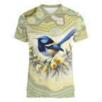 Splendid Fairy-wren Personalised Women V-Neck T-Shirt Aboriginal Australian Dot Painting - Aussie Hoodie