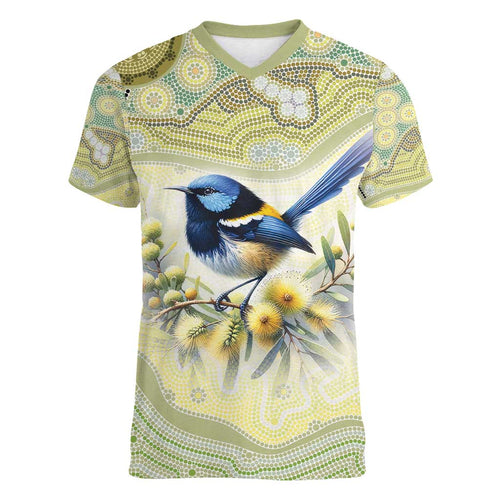 Splendid Fairy-wren Personalised Women V-Neck T-Shirt Aboriginal Australian Dot Painting - Aussie Hoodie