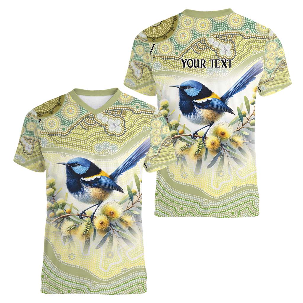 Splendid Fairy-wren Personalised Women V-Neck T-Shirt Aboriginal Australian Dot Painting - Aussie Hoodie
