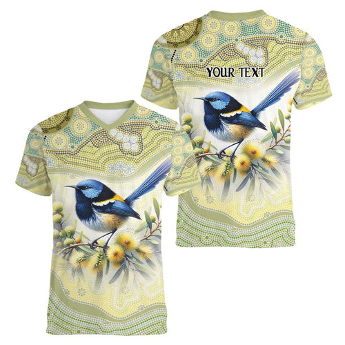 Splendid Fairy-wren Personalised Women V-Neck T-Shirt Aboriginal Australian Dot Painting - Aussie Hoodie