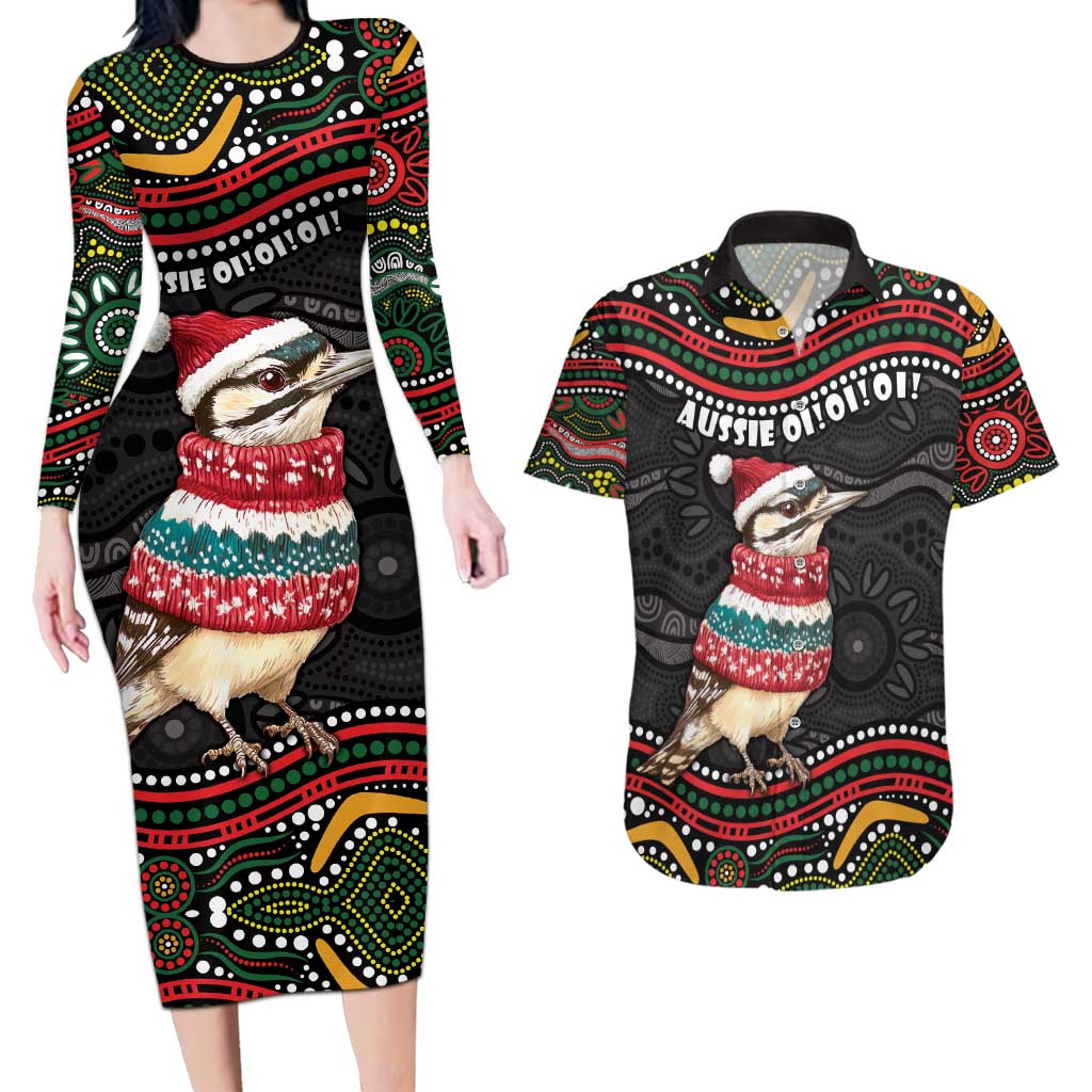 Personalised Australian Woodpecker Christmas Couples Matching Long Sleeve Bodycon Dress and Hawaiian Shirt - Aussie Hoodie