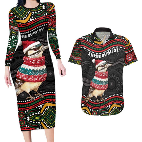 Personalised Australian Woodpecker Christmas Couples Matching Long Sleeve Bodycon Dress and Hawaiian Shirt - Aussie Hoodie