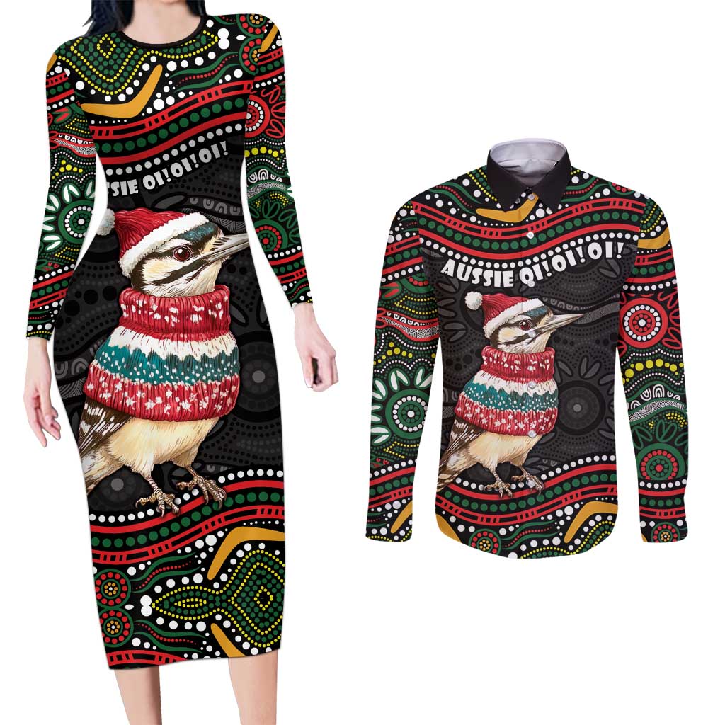 Personalised Australian Woodpecker Christmas Couples Matching Long Sleeve Bodycon Dress and Long Sleeve Button Shirt - Aussie Hoodie