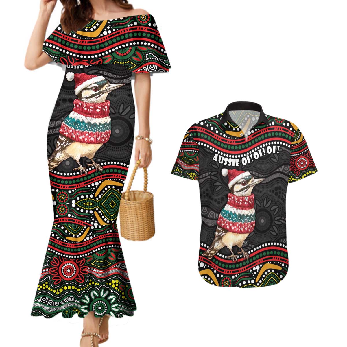 Personalised Australian Woodpecker Christmas Couples Matching Mermaid Dress and Hawaiian Shirt - Aussie Hoodie