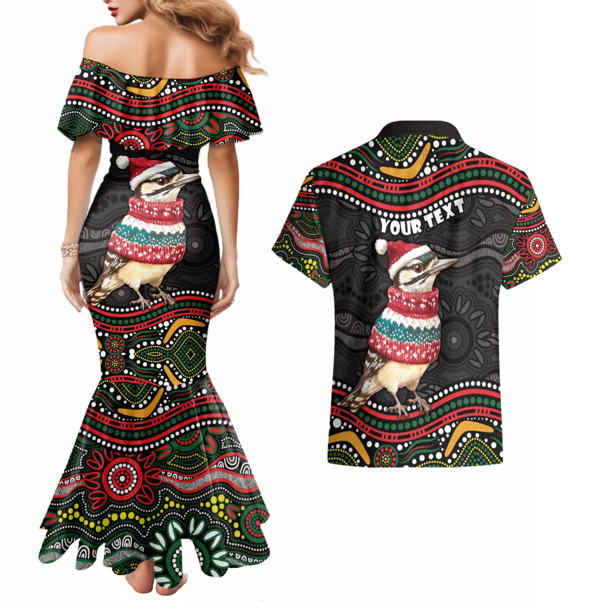 Personalised Australian Woodpecker Christmas Couples Matching Mermaid Dress and Hawaiian Shirt - Aussie Hoodie