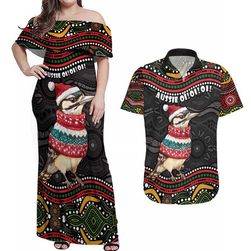 Personalised Australian Woodpecker Christmas Couples Matching Off Shoulder Maxi Dress and Hawaiian Shirt - Aussie Hoodie