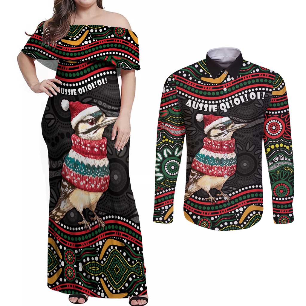 Personalised Australian Woodpecker Christmas Couples Matching Off Shoulder Maxi Dress and Long Sleeve Button Shirt - Aussie Hoodie