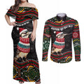 Personalised Australian Woodpecker Christmas Couples Matching Off Shoulder Maxi Dress and Long Sleeve Button Shirt - Aussie Hoodie