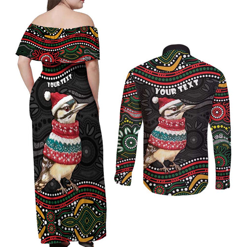 Personalised Australian Woodpecker Christmas Couples Matching Off Shoulder Maxi Dress and Long Sleeve Button Shirt - Aussie Hoodie