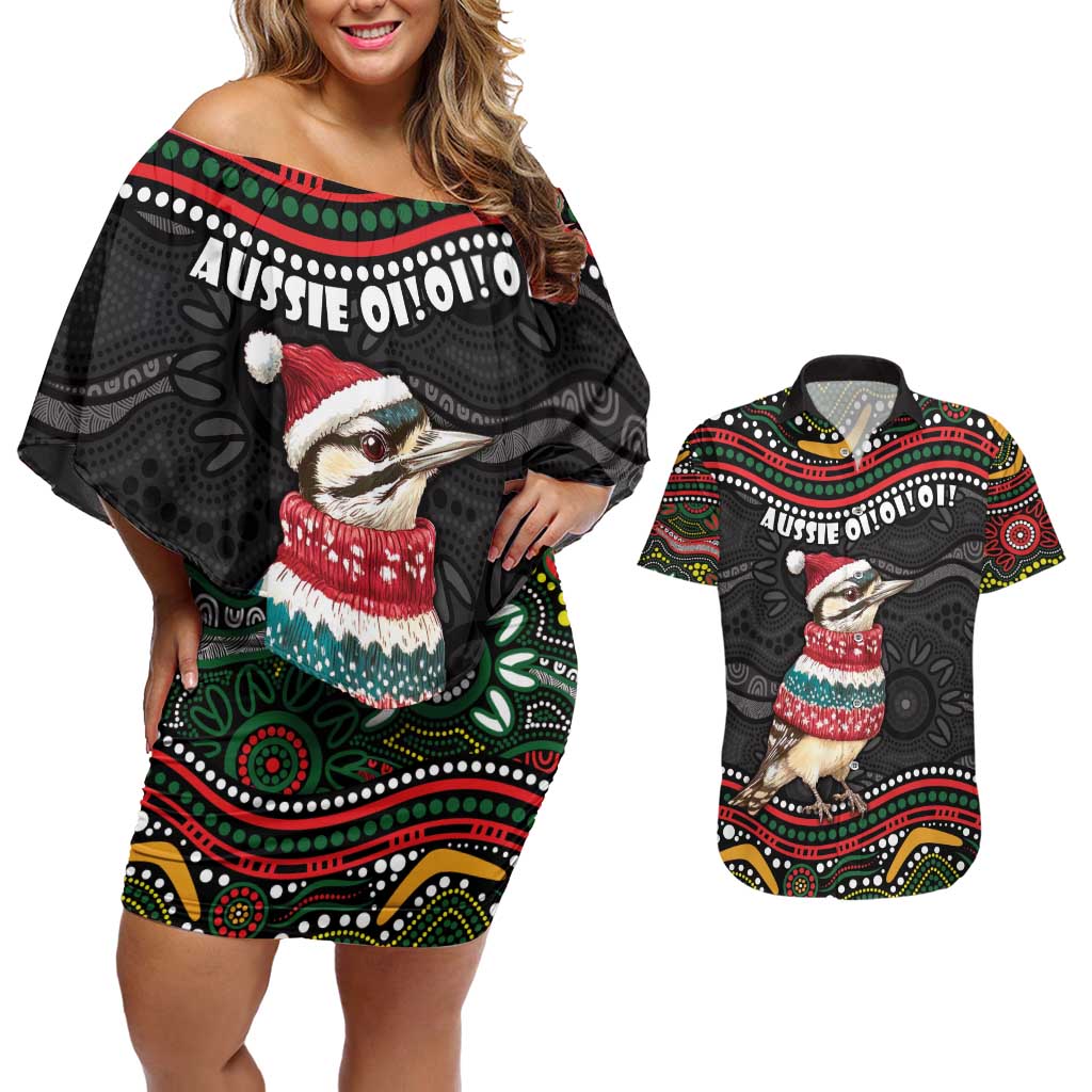 Personalised Australian Woodpecker Christmas Couples Matching Off Shoulder Short Dress and Hawaiian Shirt - Aussie Hoodie