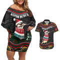 Personalised Australian Woodpecker Christmas Couples Matching Off Shoulder Short Dress and Hawaiian Shirt - Aussie Hoodie