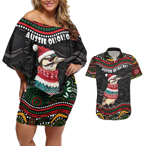 Personalised Australian Woodpecker Christmas Couples Matching Off Shoulder Short Dress and Hawaiian Shirt - Aussie Hoodie