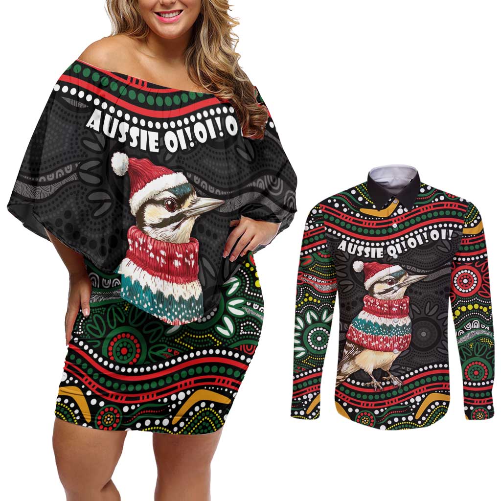 Personalised Australian Woodpecker Christmas Couples Matching Off Shoulder Short Dress and Long Sleeve Button Shirt - Aussie Hoodie
