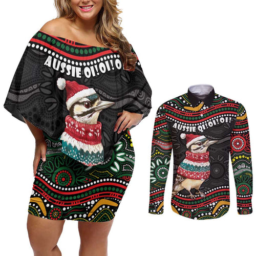 Personalised Australian Woodpecker Christmas Couples Matching Off Shoulder Short Dress and Long Sleeve Button Shirt - Aussie Hoodie