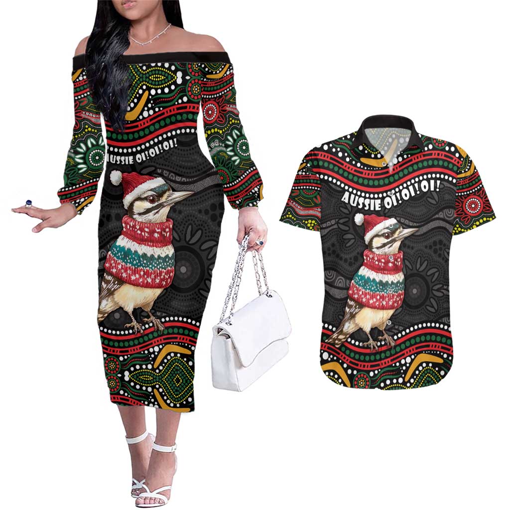Personalised Australian Woodpecker Christmas Couples Matching Off The Shoulder Long Sleeve Dress and Hawaiian Shirt - Aussie Hoodie