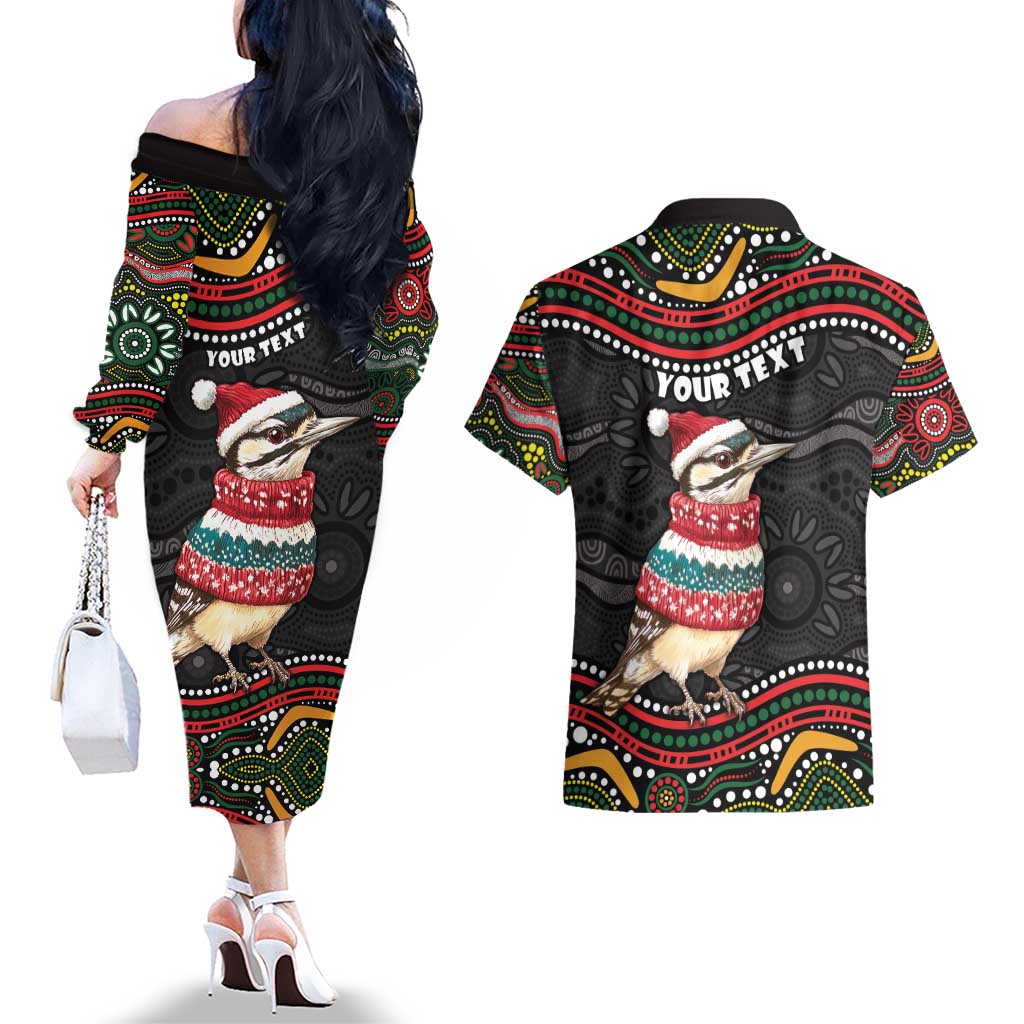 Personalised Australian Woodpecker Christmas Couples Matching Off The Shoulder Long Sleeve Dress and Hawaiian Shirt - Aussie Hoodie