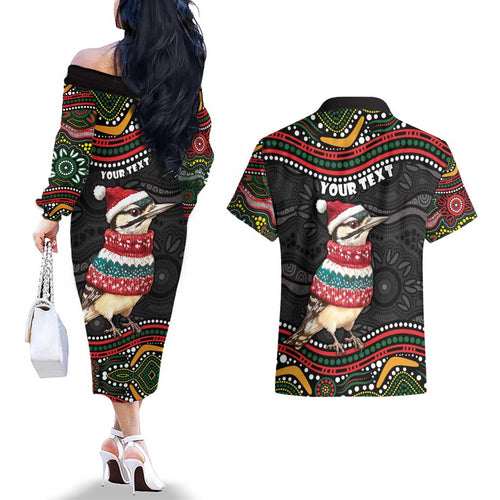 Personalised Australian Woodpecker Christmas Couples Matching Off The Shoulder Long Sleeve Dress and Hawaiian Shirt - Aussie Hoodie