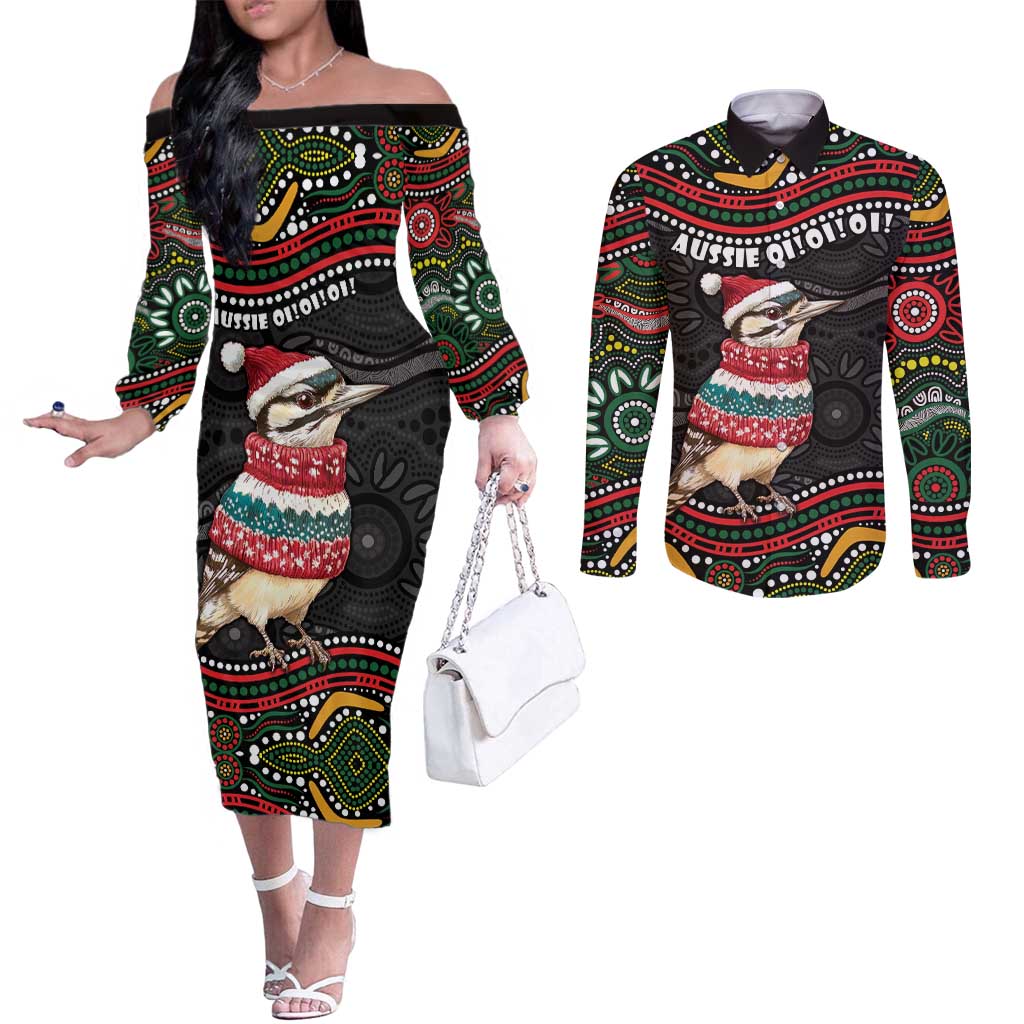 Personalised Australian Woodpecker Christmas Couples Matching Off The Shoulder Long Sleeve Dress and Long Sleeve Button Shirt - Aussie Hoodie