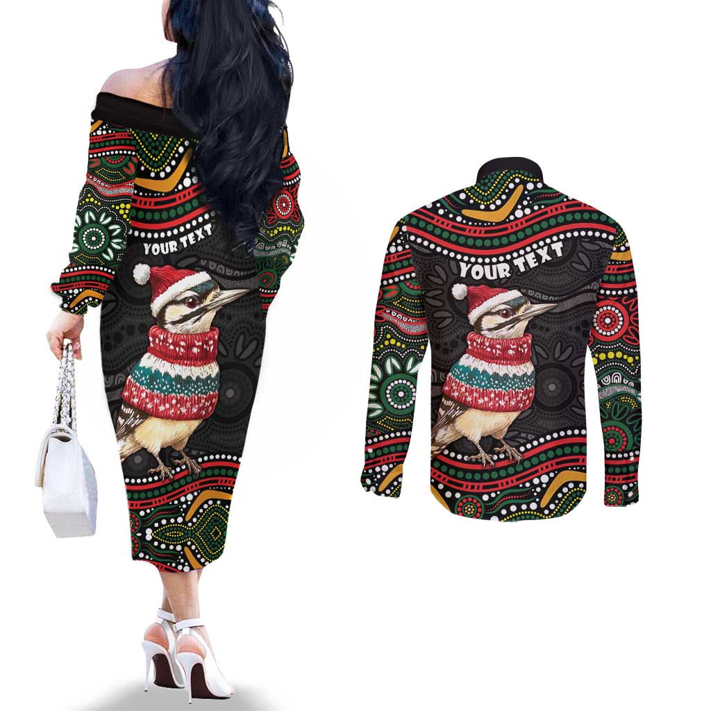 Personalised Australian Woodpecker Christmas Couples Matching Off The Shoulder Long Sleeve Dress and Long Sleeve Button Shirt - Aussie Hoodie