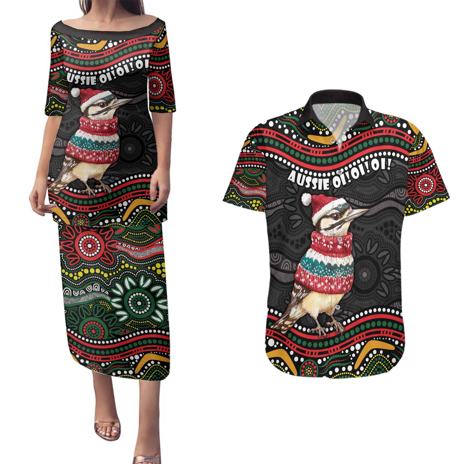 Personalised Australian Woodpecker Christmas Couples Matching Puletasi and Hawaiian Shirt - Aussie Hoodie