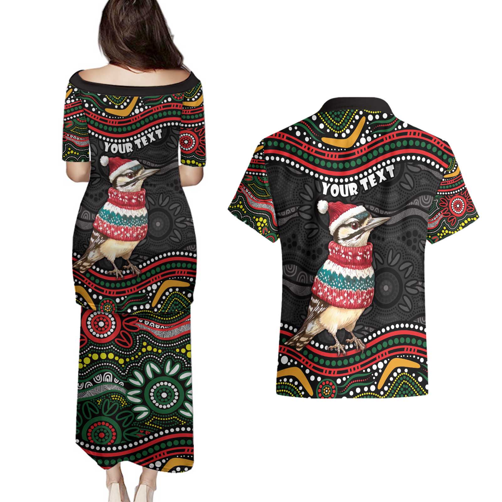 Personalised Australian Woodpecker Christmas Couples Matching Puletasi and Hawaiian Shirt - Aussie Hoodie