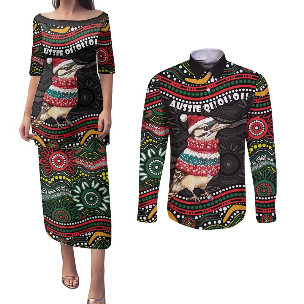 Personalised Australian Woodpecker Christmas Couples Matching Puletasi and Long Sleeve Button Shirt - Aussie Hoodie