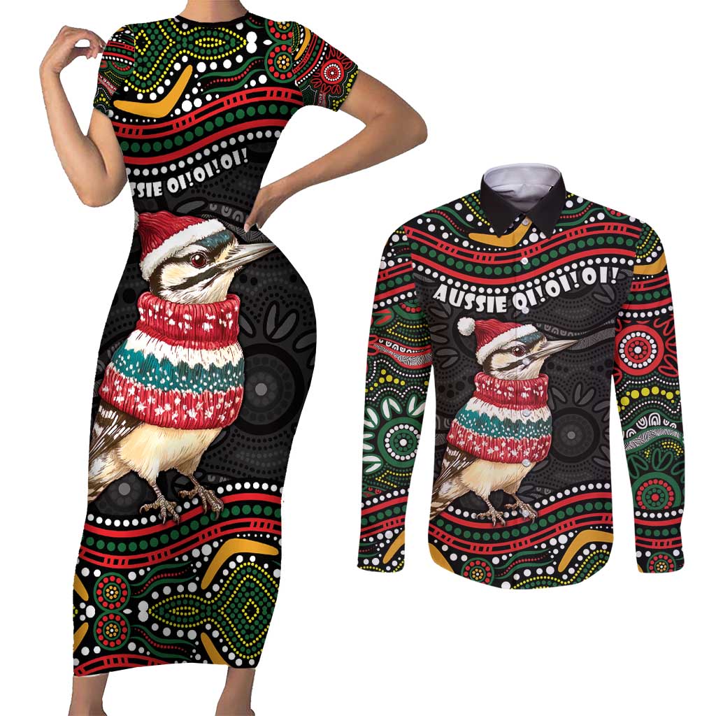 Personalised Australian Woodpecker Christmas Couples Matching Short Sleeve Bodycon Dress and Long Sleeve Button Shirt - Aussie Hoodie
