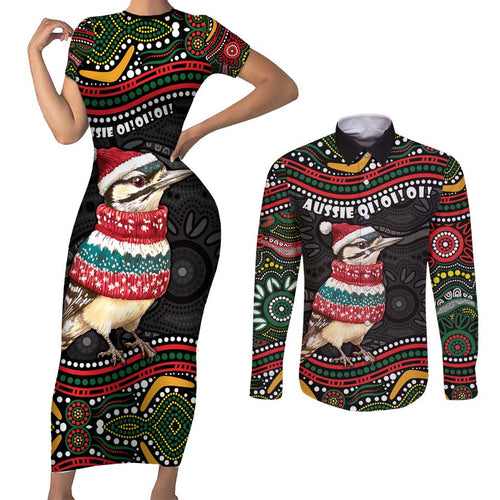 Personalised Australian Woodpecker Christmas Couples Matching Short Sleeve Bodycon Dress and Long Sleeve Button Shirt - Aussie Hoodie