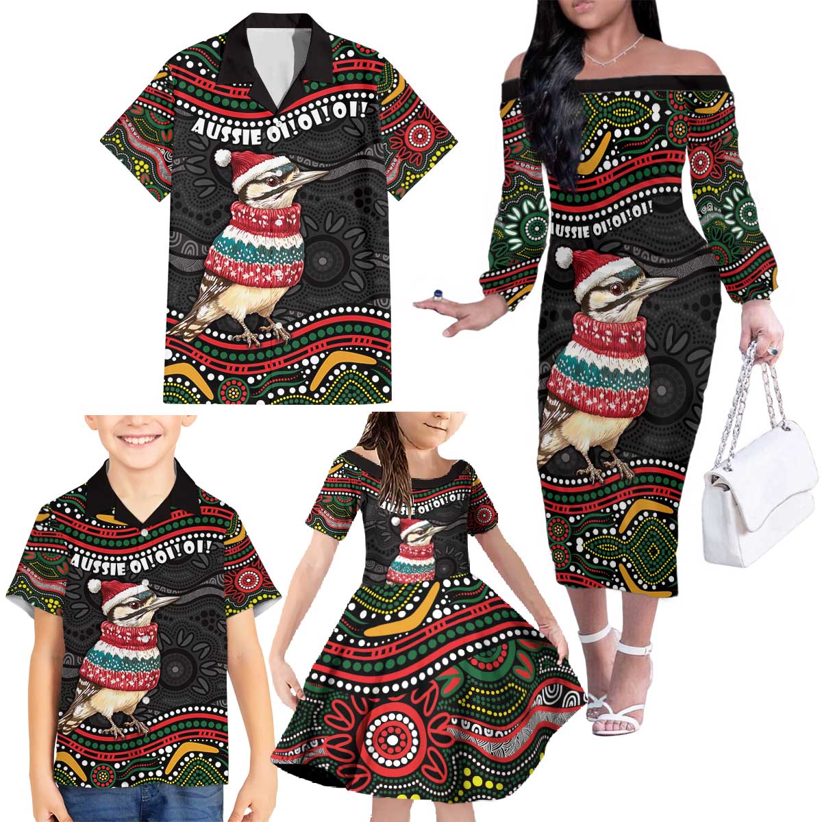 Personalised Australian Woodpecker Christmas Family Matching Off The Shoulder Long Sleeve Dress and Hawaiian Shirt - Aussie Hoodie