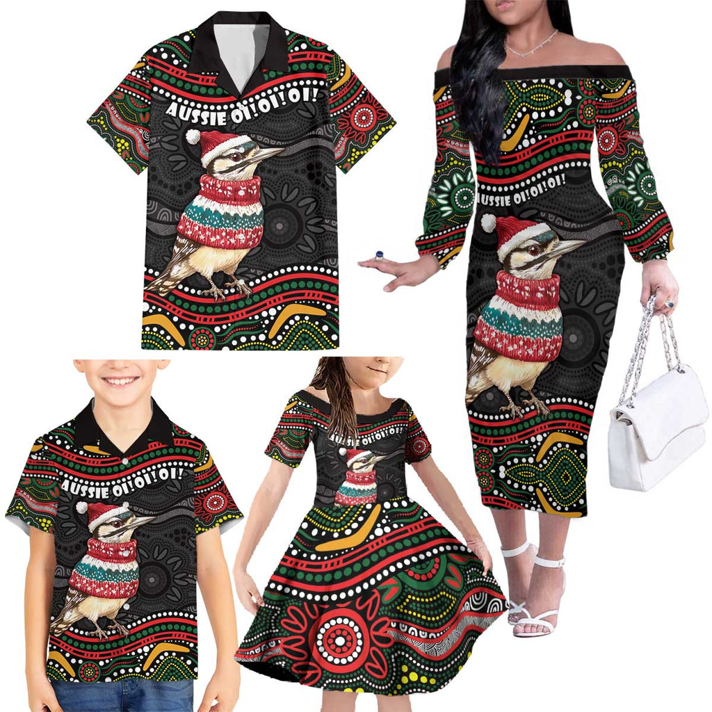 Personalised Australian Woodpecker Christmas Family Matching Off The Shoulder Long Sleeve Dress and Hawaiian Shirt - Aussie Hoodie