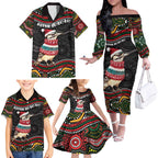Personalised Australian Woodpecker Christmas Family Matching Off The Shoulder Long Sleeve Dress and Hawaiian Shirt - Aussie Hoodie
