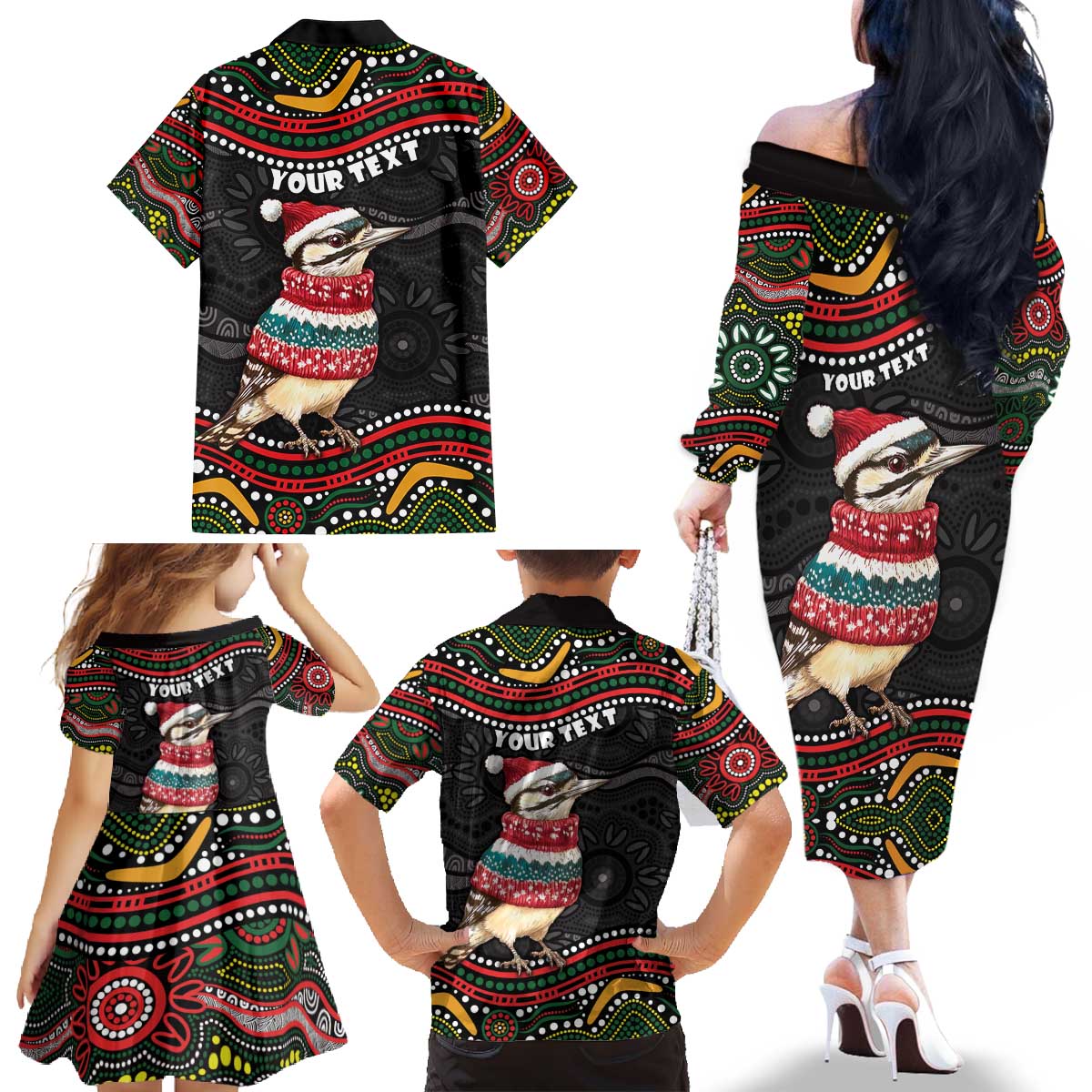 Personalised Australian Woodpecker Christmas Family Matching Off The Shoulder Long Sleeve Dress and Hawaiian Shirt - Aussie Hoodie