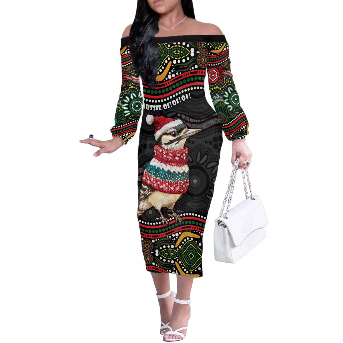 Personalised Australian Woodpecker Christmas Family Matching Off The Shoulder Long Sleeve Dress and Hawaiian Shirt - Aussie Hoodie