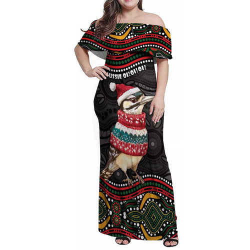 Personalised Australian Woodpecker Christmas Family Matching Off Shoulder Maxi Dress and Hawaiian Shirt - Aussie Hoodie
