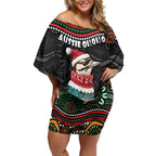 Personalised Australian Woodpecker Christmas Off Shoulder Short Dress - Aussie Hoodie