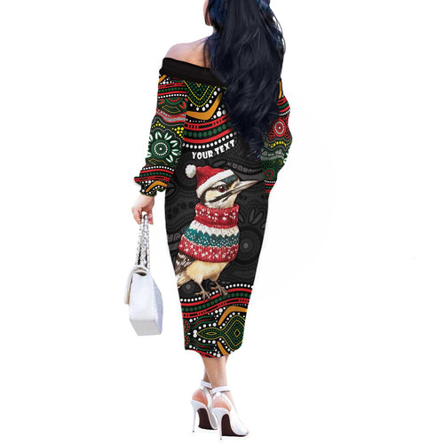 Personalised Australian Woodpecker Christmas Off The Shoulder Long Sleeve Dress - Aussie Hoodie