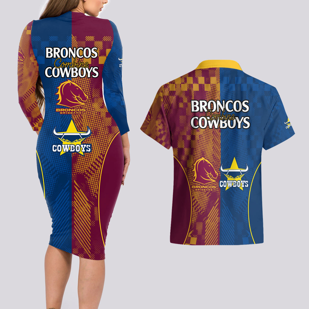 nrl-cowboys-and-broncos-couples-matching-long-sleeve-bodycon-dress-and-hawaiian-shirt-sporty-style